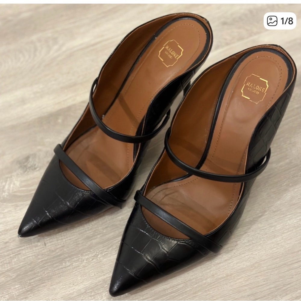 Malone Souliers Black Croc-Embossed Mules
